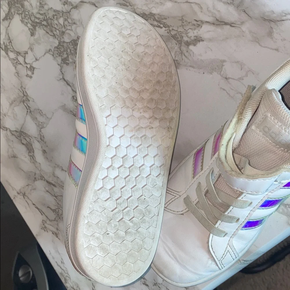 Adidas Originals Superstar Kids White Sneakers with Iridescent Blue Stripes